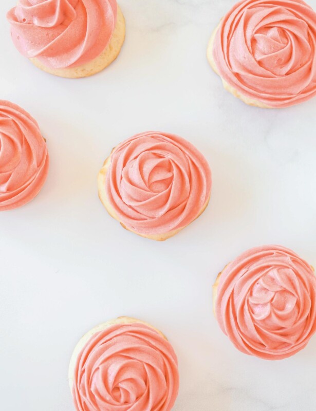 pink champagne cookies with rose icing