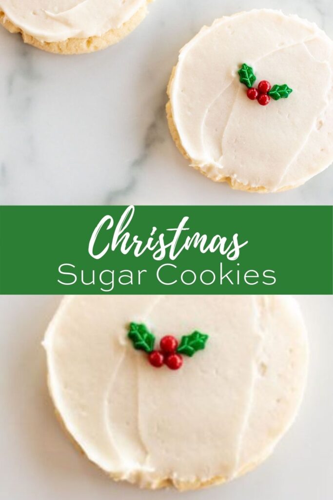 frosted and decorated christmas sugar cookies, overlay text, close up of sugar cookie