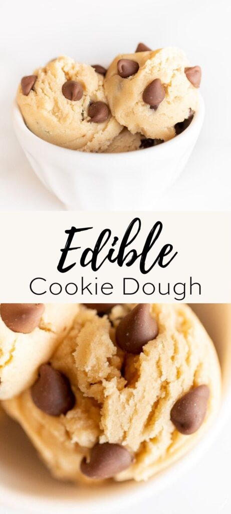 bowl of edible cookie dough with chocolate chips, overlay text, close up of cookie dough