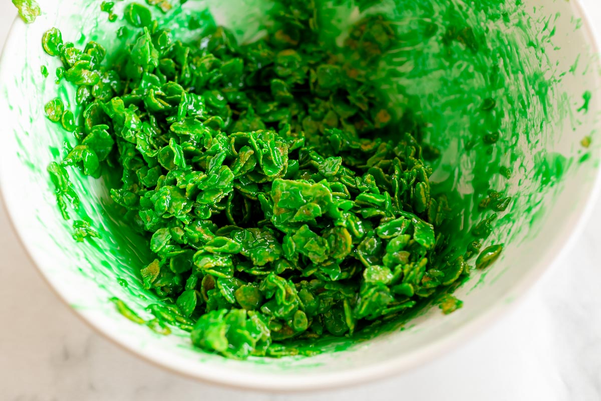 green cornflake mixture in a bowl