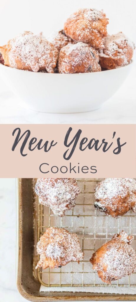 New Years cookies dusted with powdered sugar, overlay text, New Years cookies on sheet pan