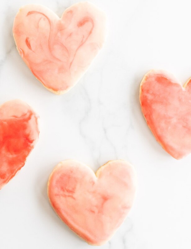 heart shaped cutout sugar cookies with marbled icing