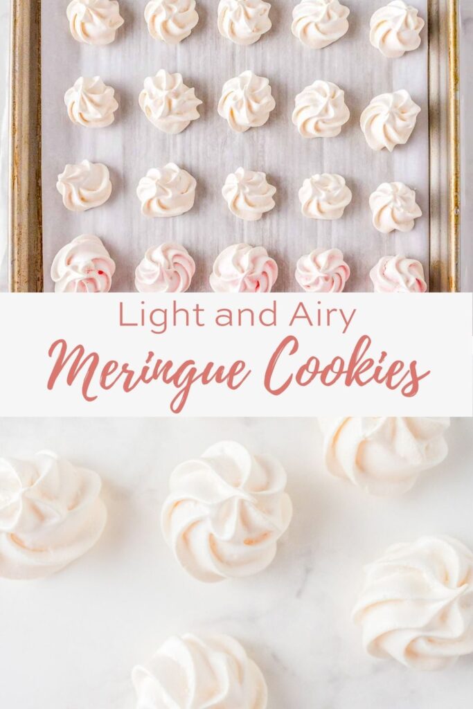 meringue cookies on a parchment lined cookie sheet, overlay text, meringue cookies on marbled surface