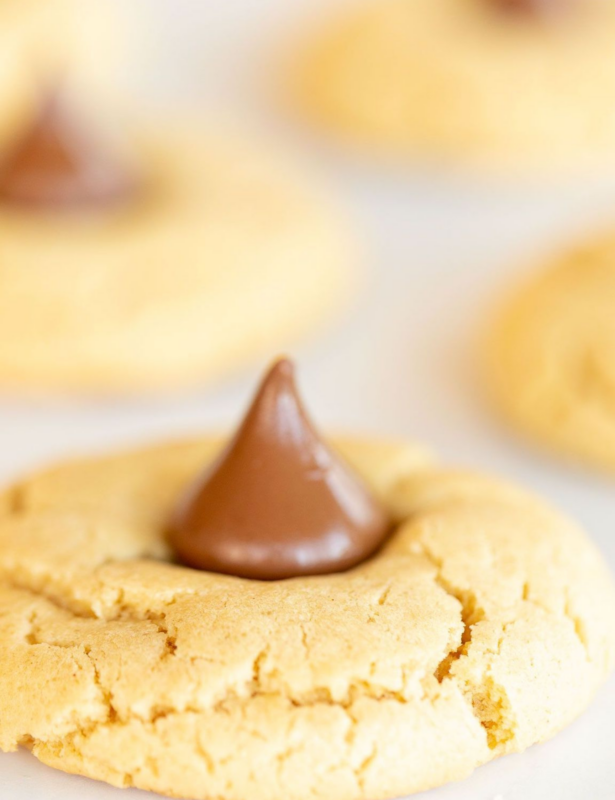 Peanut Butter Blossom Cookie up close with blurred background