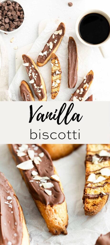vanilla biscotti cookies with cup of coffee and chocolate chips, overlay text, close up of biscotti