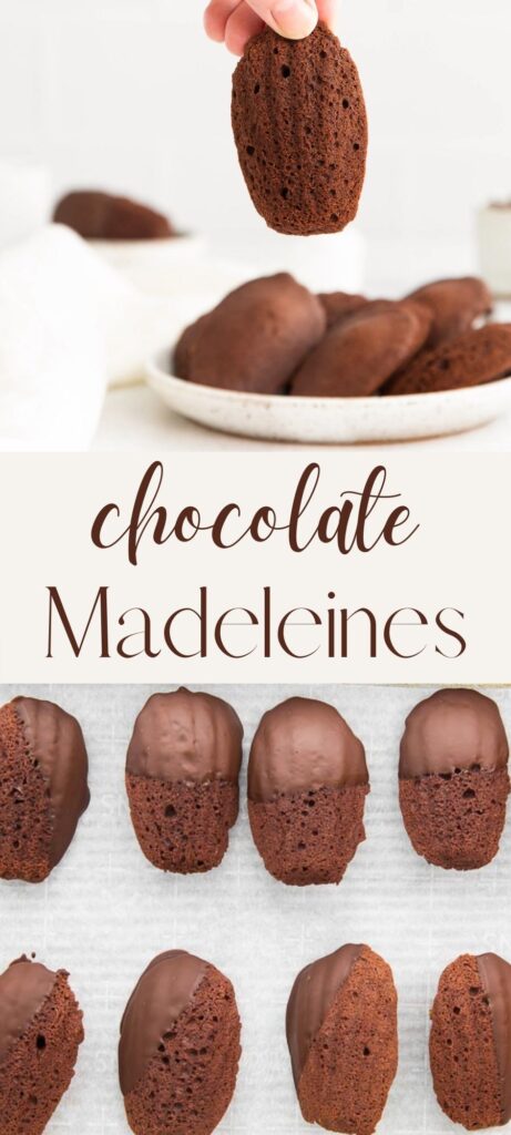 chocolate madeleines on plate, overlay text, chocolate madeleines dipped in chocolate on tray