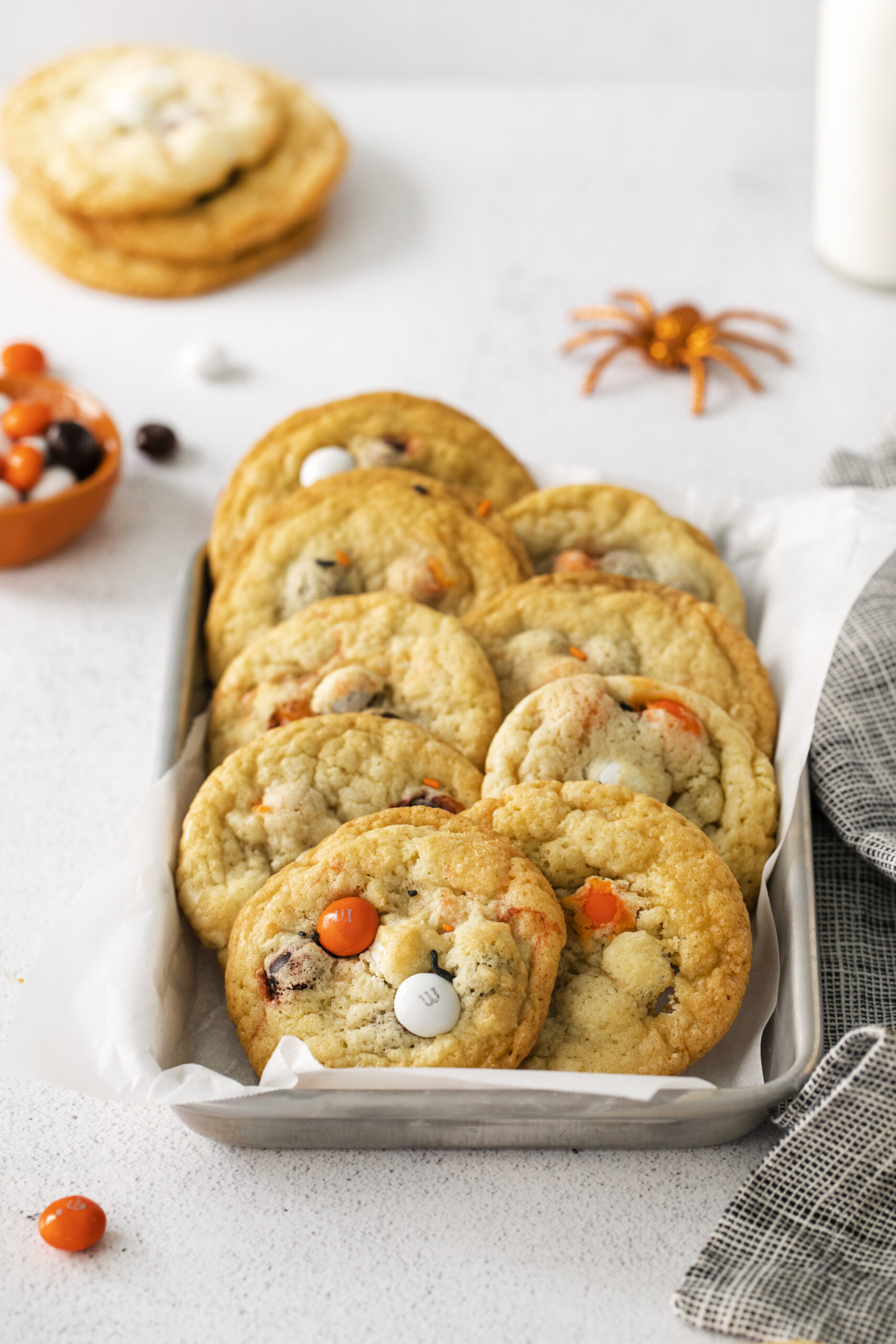 Halloween m and m cookies in silver pan