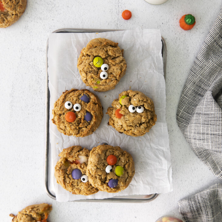 halloween monster cookies on tray