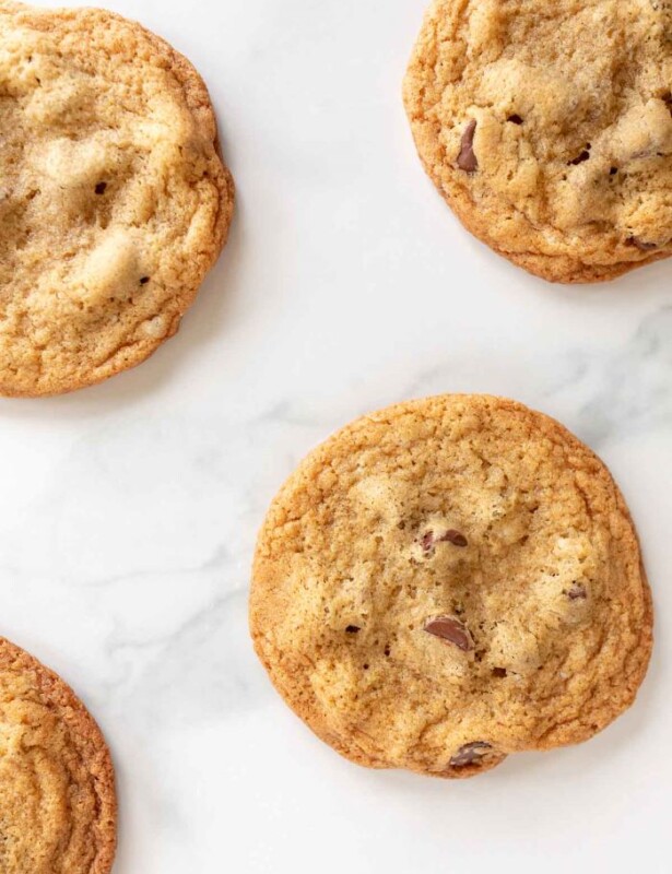 Thin Chocolate Chip Cookies on White Marble Counter