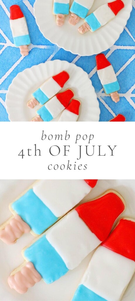 bomb pop cookies with blue red and white colors in white plates