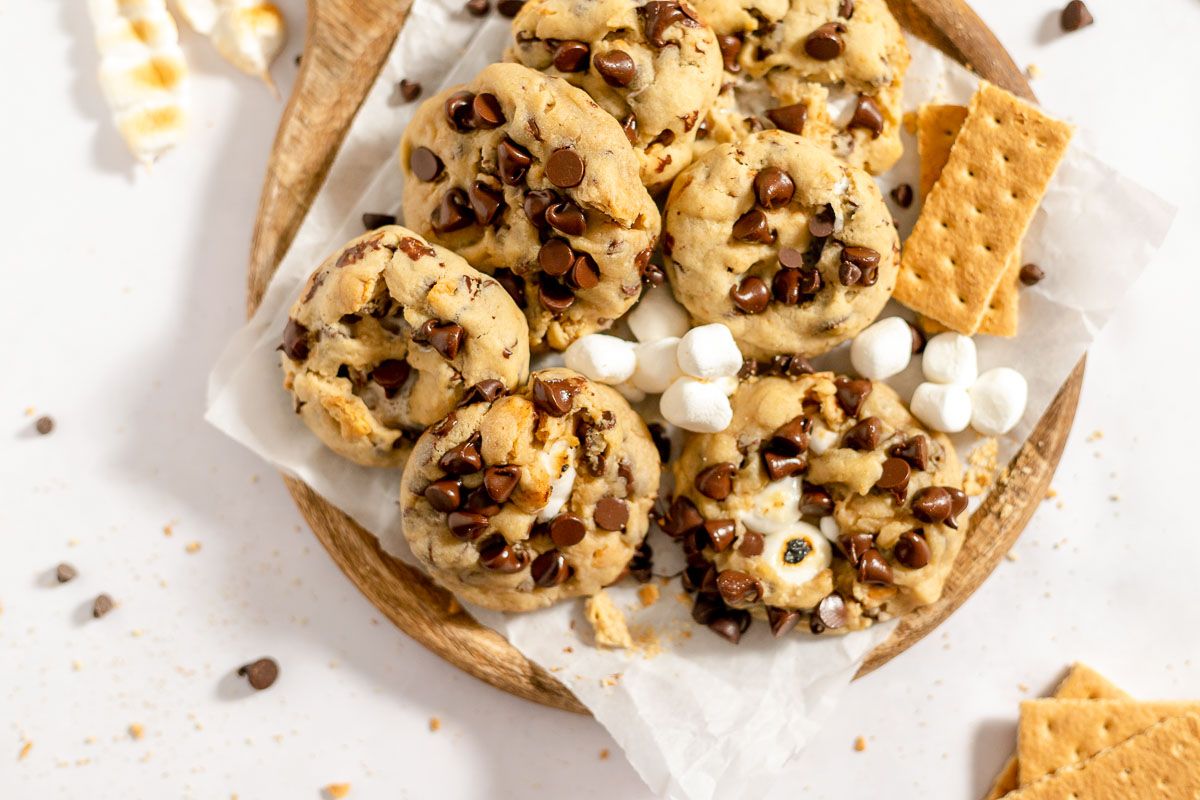 s'mores cookies on a platter with graham crackers and marshmallows