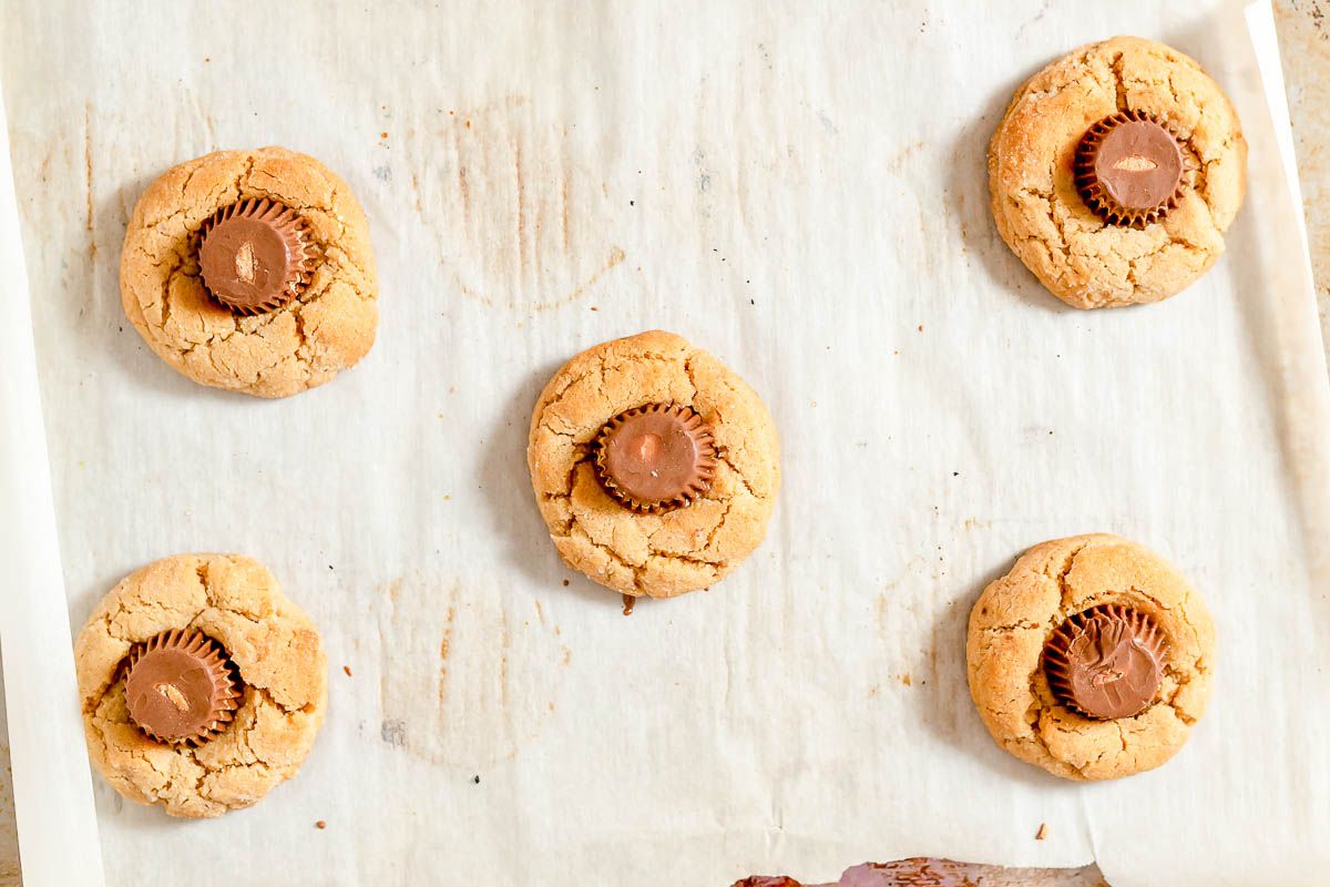 Peanut butter blossom cookies on parchment paper right out of the oven