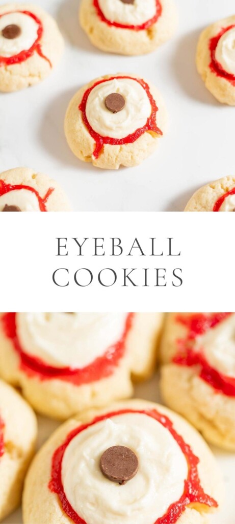 eyeball cookies with red food coloring on white table