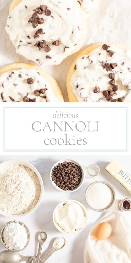 Top photo is an overhead shot of cannoli cookies with white icing. The bottom photo is an overhead shot of individual cookie ingredients laid out on a counter.