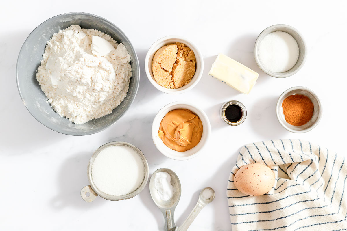 Overhead view of ingredients for peanut butter snickerdoodles