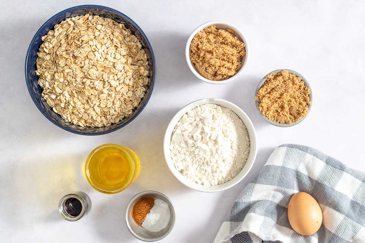 Overhead view of ingredients for oatmeal cookies without butter