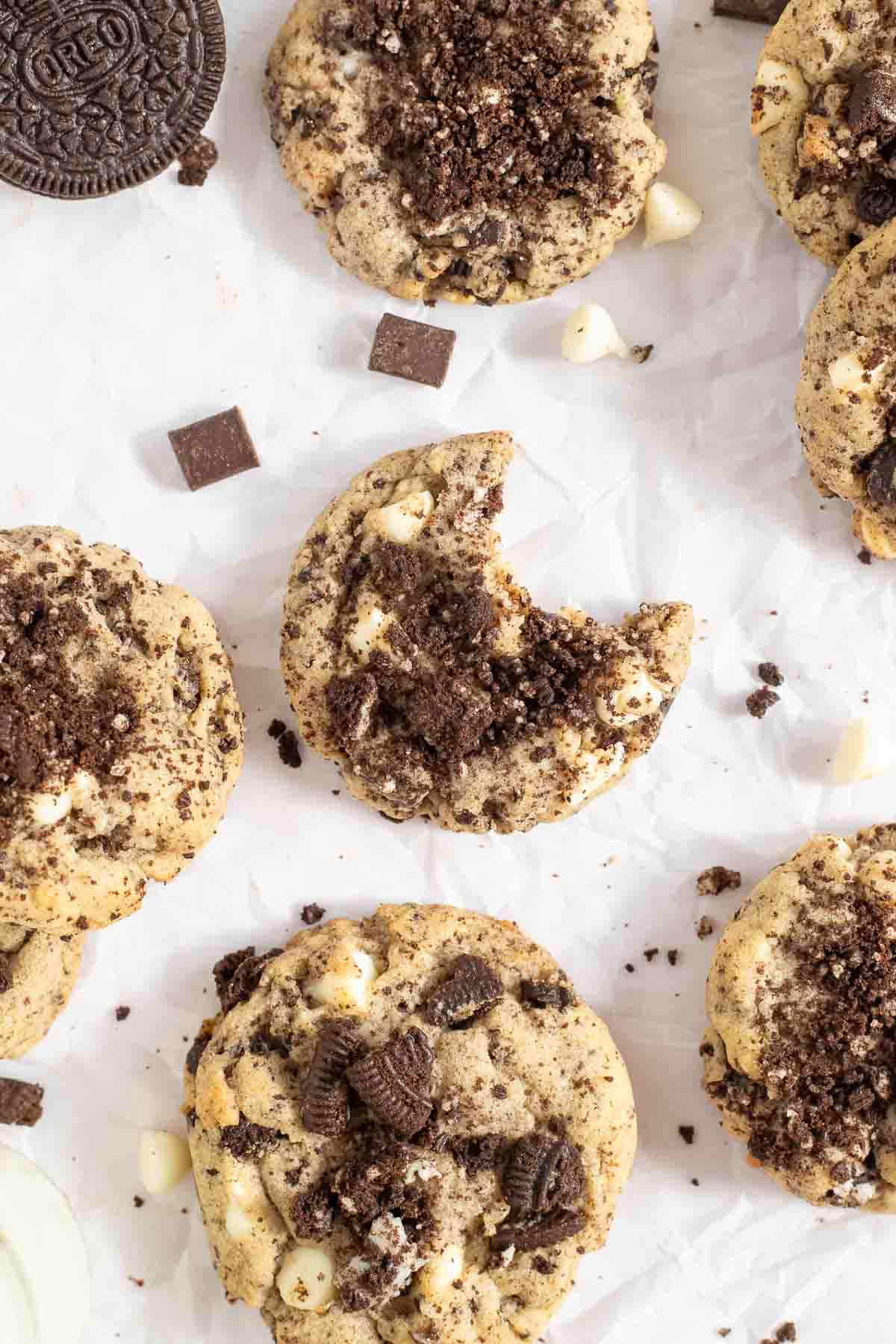 Overhead view of Oreo chip cookies on crumpled parchment paper